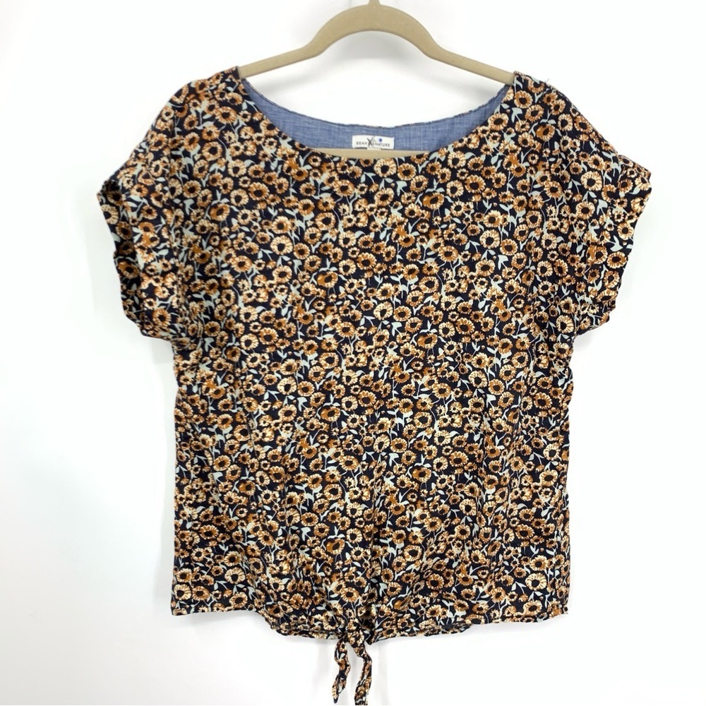 LL Bean Signature Women Size Small Shirt Front Tie Top Blue Brown Floral Linen
